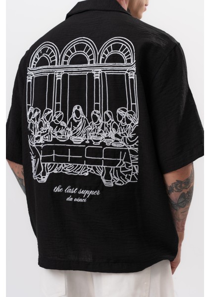 Erkek Da Vinci Nakışlı Oversize Gömlek Siyah fırsatları