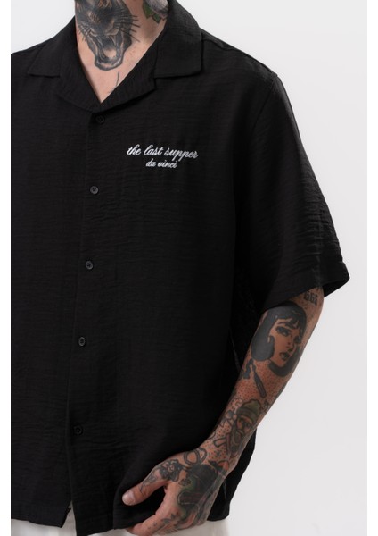 Erkek Da Vinci Nakışlı Oversize Gömlek Siyah indirimleri