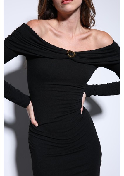 Siyah Drape Detaylı Aksesuarlı Elbise modelleri