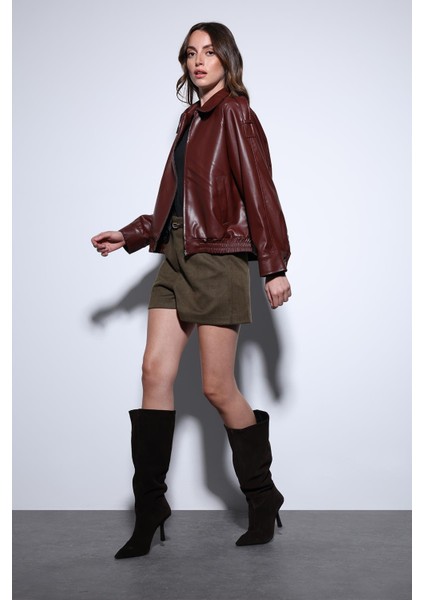 Bordo Suni Deri Bomber Ceket