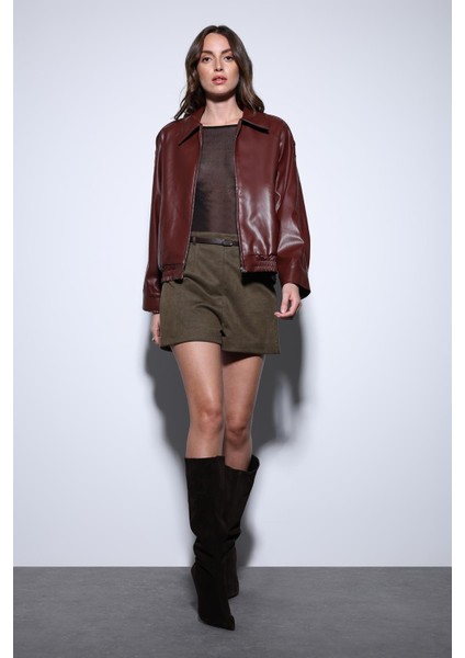 Bordo Suni Deri Bomber Ceket modelleri