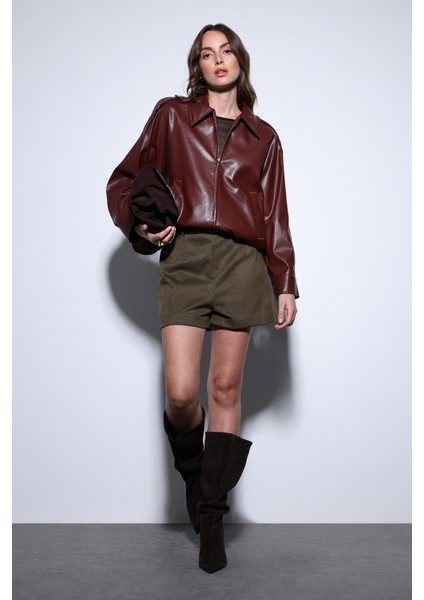 Bordo Suni Deri Bomber Ceket fırsatları