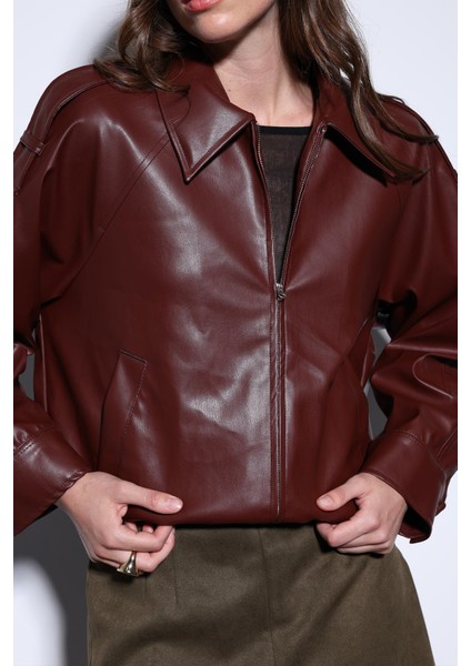 Bordo Suni Deri Bomber Ceket indirimleri