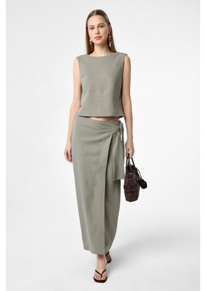 Haki Keten Karışımlı Kuşaklı Kadın Etek fiyatları