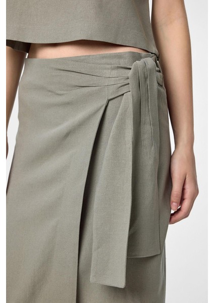 Haki Keten Karışımlı Kuşaklı Kadın Etek modelleri