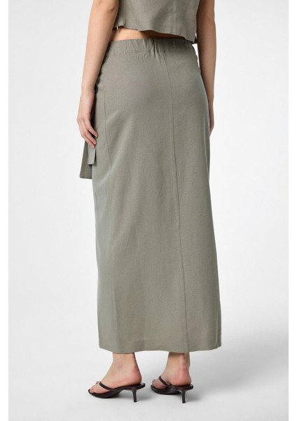 Haki Keten Karışımlı Kuşaklı Kadın Etek fırsatları