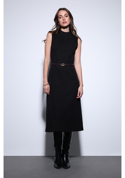 Siyah Kemer Detaylı Kadın Midi Elbise