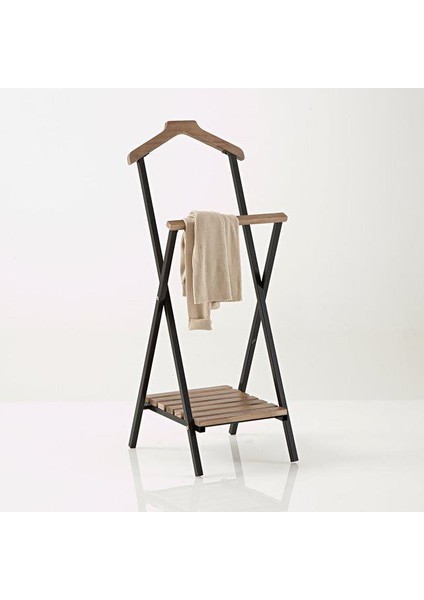 Özel Seri Meşe Ahşap Dilsiz Uşak Siyah Metal Çift Tepeli Ayaklı Askı Raflı Model