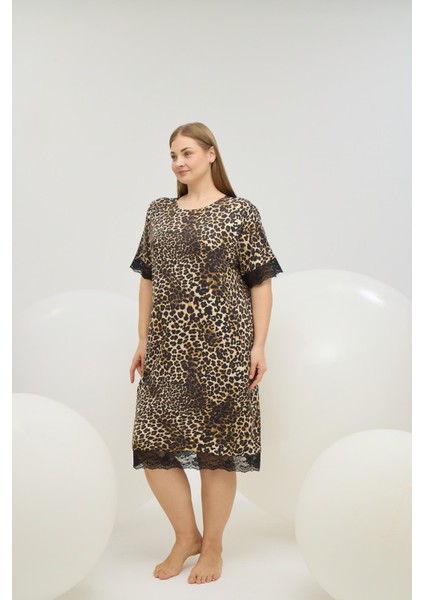 Kadın Büyük Beden Kısa Kollu Dantel Detaylı Leopar Desenli Gecelik C0T5N861 fiyatları