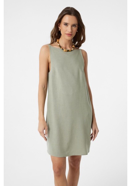 Haki Keten Karışımlı Kadın Mini Elbise