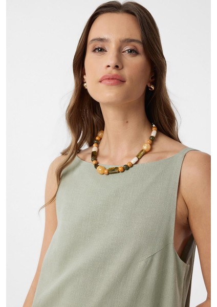 Haki Keten Karışımlı Kadın Mini Elbise modelleri