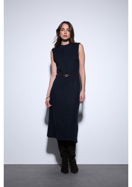 Lacivert Kemer Detaylı Kadın Midi Elbise