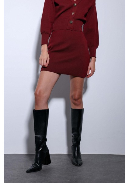 Bordo Triko Kadın Mini Etek