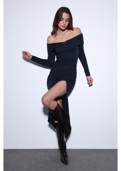 Lacivert Drape Detaylı Aksesuarlı Elbise