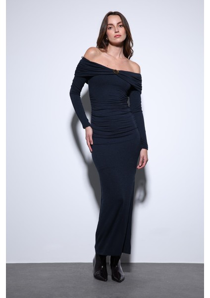 Lacivert Drape Detaylı Aksesuarlı Elbise fiyatları