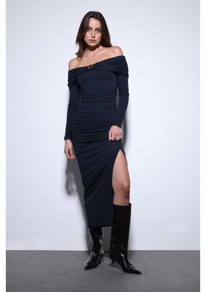 Lacivert Drape Detaylı Aksesuarlı Elbise modelleri