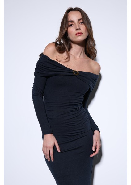 Lacivert Drape Detaylı Aksesuarlı Elbise fırsatları