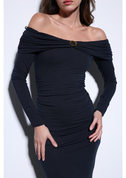 Lacivert Drape Detaylı Aksesuarlı Elbise indirimleri