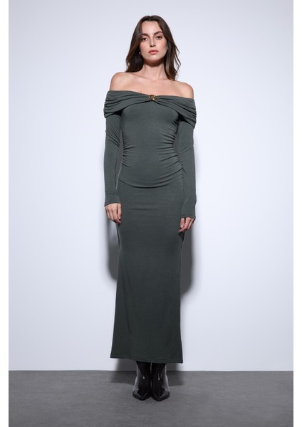 Haki Drape Detaylı Aksesuarlı Elbise fiyatları