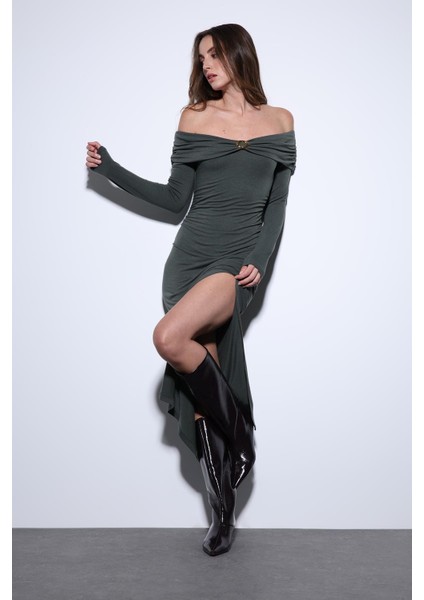 Haki Drape Detaylı Aksesuarlı Elbise modelleri