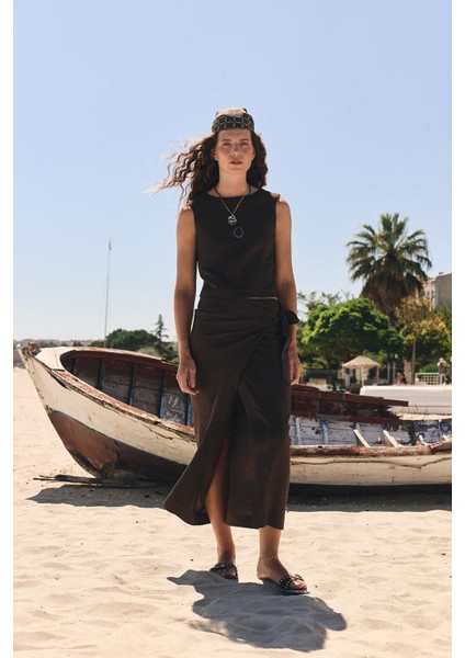 Kahve Keten Karışımlı Kuşaklı Kadın Etek