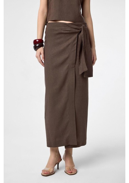 Kahve Keten Karışımlı Kuşaklı Kadın Etek fiyatları