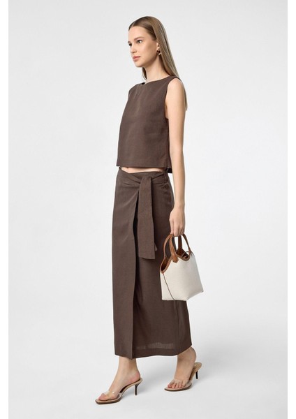 Kahve Keten Karışımlı Kuşaklı Kadın Etek modelleri