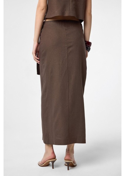 Kahve Keten Karışımlı Kuşaklı Kadın Etek fırsatları