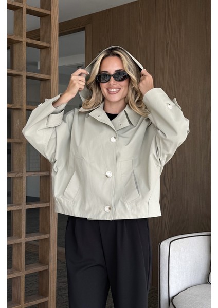 Mint Kapüşonlu Kısa Trençkot - 7003