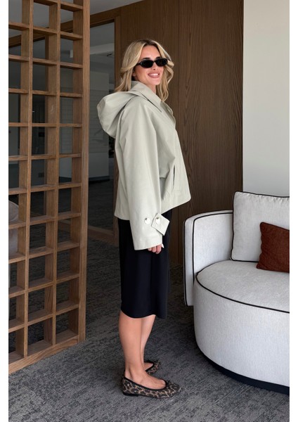 Mint Kapüşonlu Kısa Trençkot - 7003 fırsatları