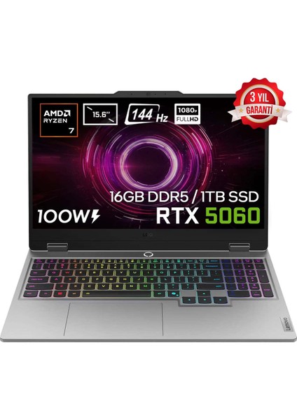 LOQ 15AHP10 AMD Ryzen 7-250 16GB DDR5 1TB SSD RTX5060 8GB 100W 15.6 inç Full HD 144Hz IPS FreeDos Gaming Laptop (83JG006ETRv2)