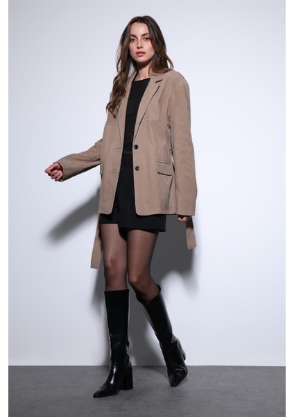 Bej Kuşak Bağlamalı Süet Kadın Ceket modelleri