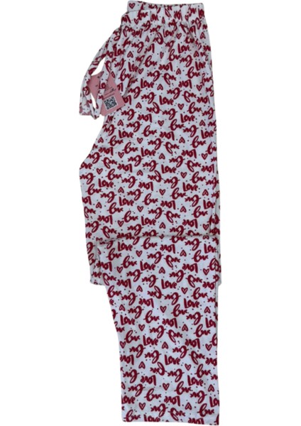 Kadın Love Yazılı Desenli Beyaz Pijama Altı – Rahat Pamuklu Ev Giyim