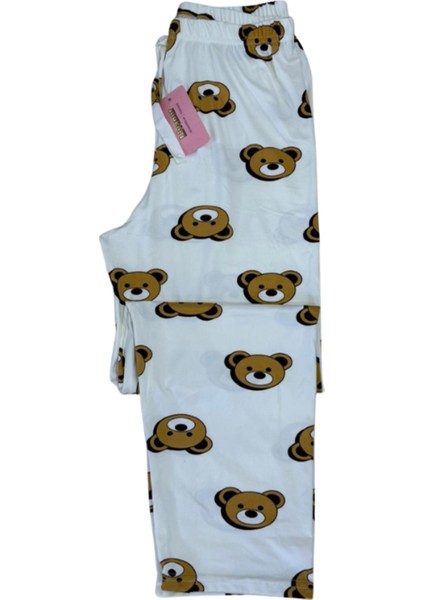 Kadın Ayıcık Desenli Beyaz Pijama Altı – Rahat Pamuklu Ev Giyim