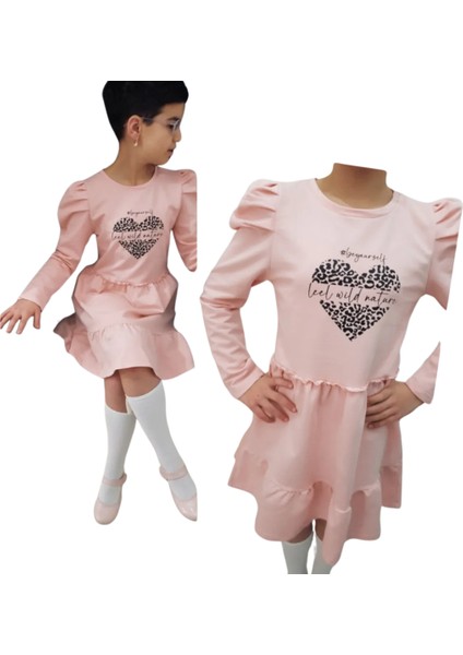Kız Çocuk Penye Pembe Baskılı Pamuklu Volanlı Elbise modelleri