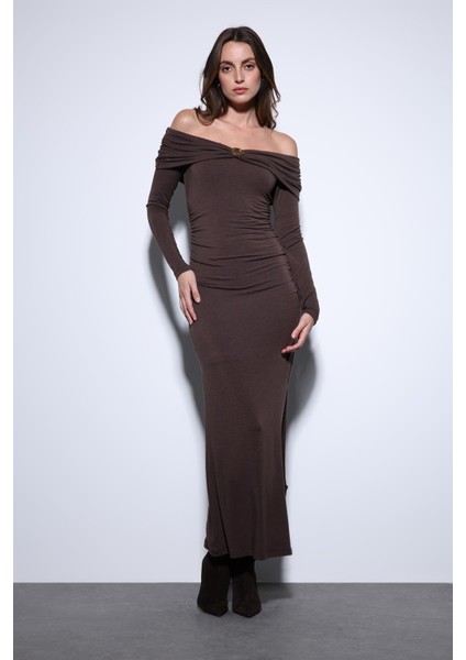 Kahve Drape Detaylı Aksesuarlı Elbise modelleri