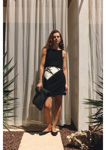 Siyah Keten Karışımlı Kadın Mini Elbise