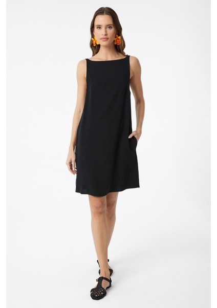 Siyah Keten Karışımlı Kadın Mini Elbise modelleri