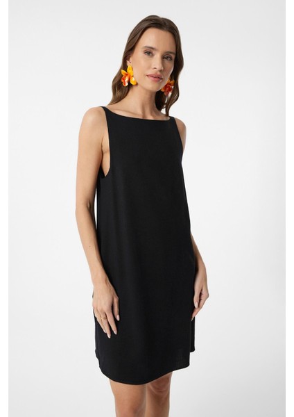 Siyah Keten Karışımlı Kadın Mini Elbise fırsatları