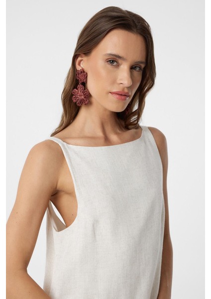 Ekru Keten Karışımlı Kadın Mini Elbise modelleri