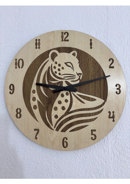 Safari Serisi - Leopar - Ahşap Duvar Saati - 40 cm (Çift Katmanlı Ahşap)