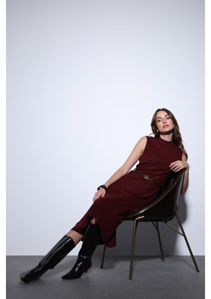 Bordo Kemer Detaylı Kadın Midi Elbise