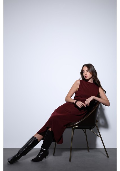 Bordo Kemer Detaylı Kadın Midi Elbise modelleri