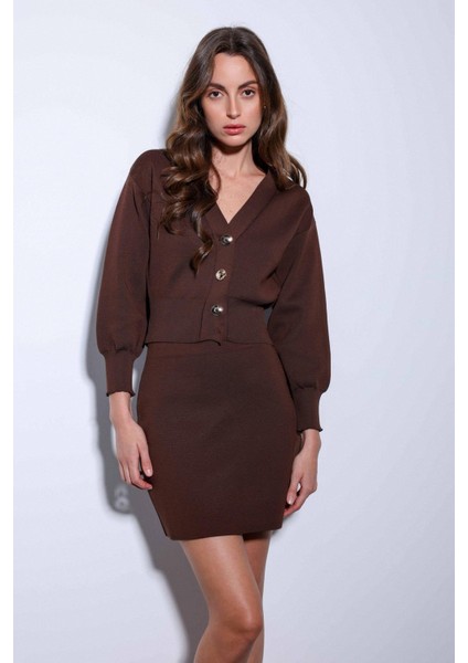 Kahve Triko Kadın Mini Etek