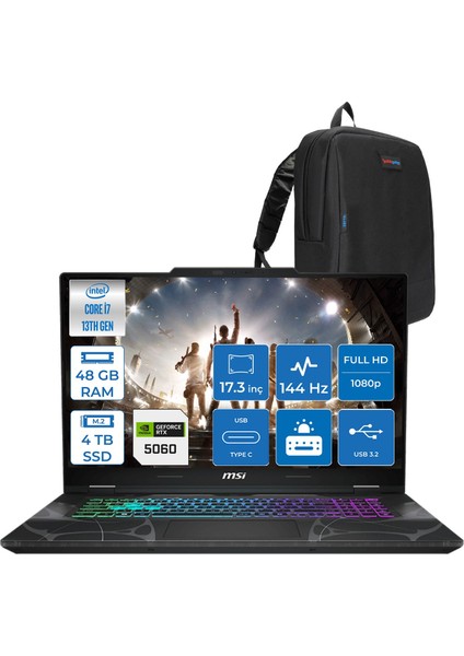 Msı Cyborg 17 Intel Core I7 13620H 48GB Ddr5 4tb SSD RTX5060 Gddr7 8gb Freedos 17.3" Fullhd (1920X1080) 144HZ IPS Taşınabilir Bilgisayar B13WFKG210XTRF25 + Zetta Çanta