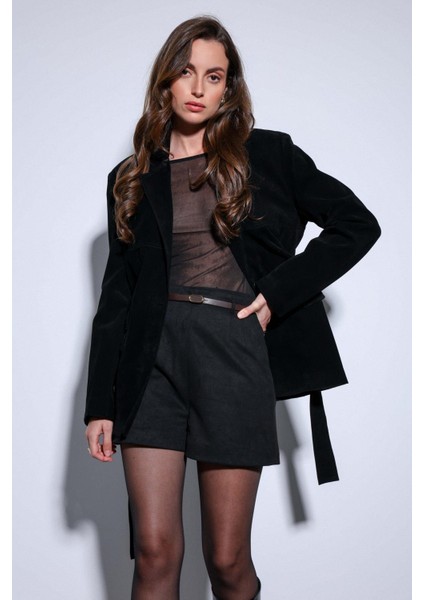 Siyah Kuşak Bağlamalı Süet Kadın Ceket