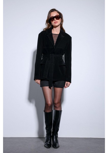 Siyah Kuşak Bağlamalı Süet Kadın Ceket fiyatları