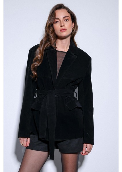 Siyah Kuşak Bağlamalı Süet Kadın Ceket modelleri