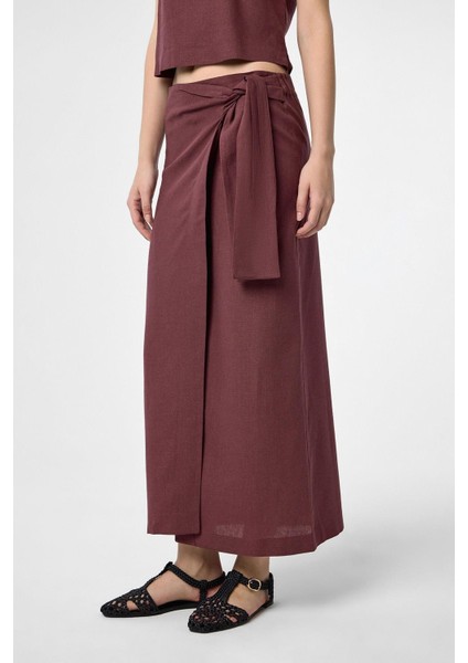 Bordo Keten Karışımlı Kuşaklı Kadın Etek