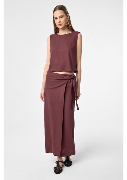 Bordo Keten Karışımlı Kuşaklı Kadın Etek fiyatları